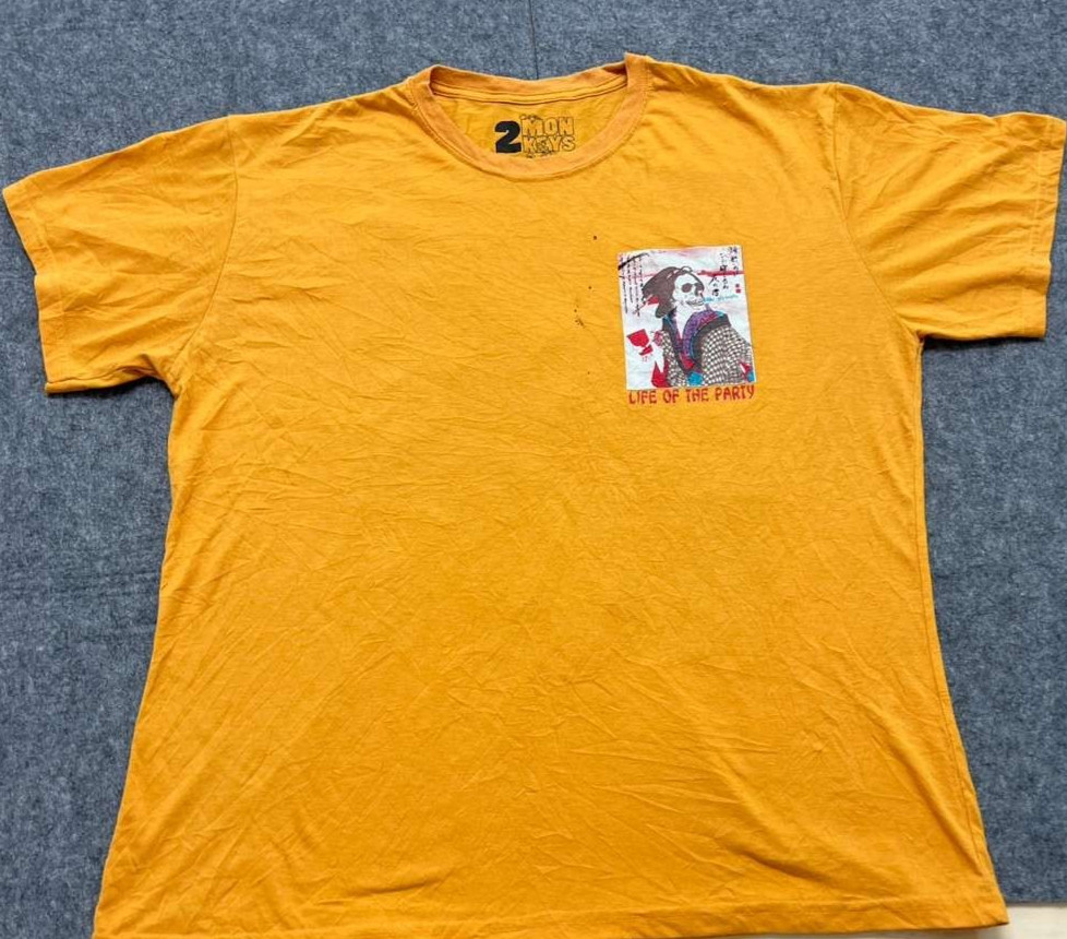 2MONKEYS Graphic Tee Mens 2XL Yellow Orange Dyed Cotton Poly Blend Shirt
