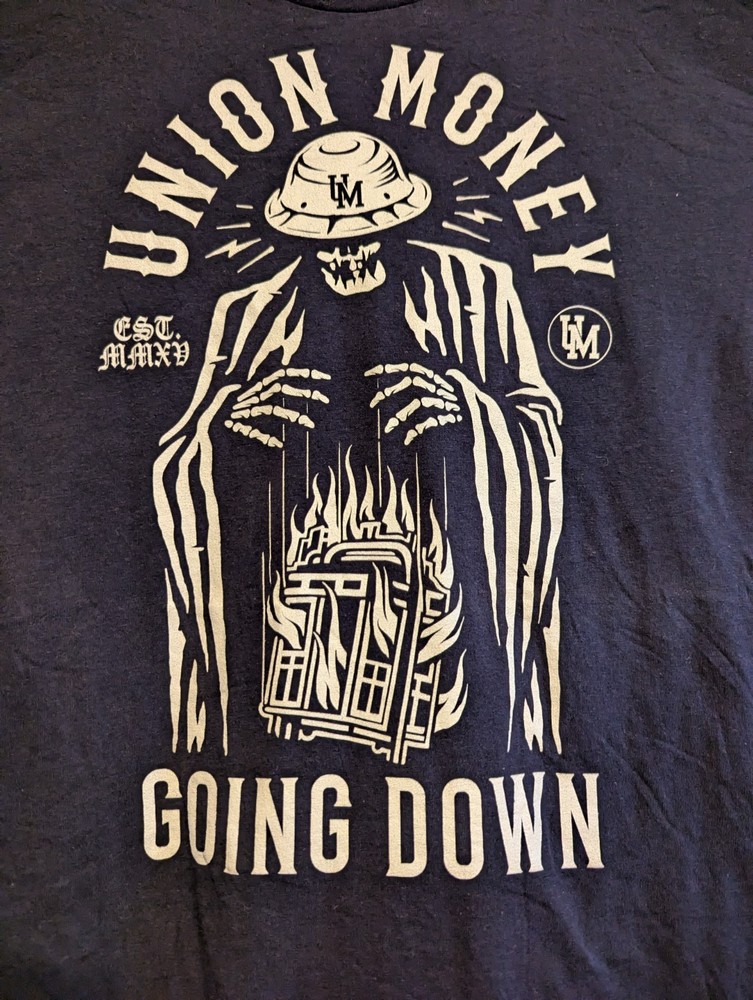 UM Union Money Going Down Grim Reaper Puppet Master XL Black Cotton Tee-Shirt