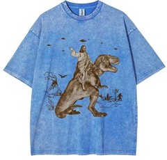 Men’s Multicolor Jesus Dinosaur Graphic Print Crew Neck Short Sleeve T-Shirt L