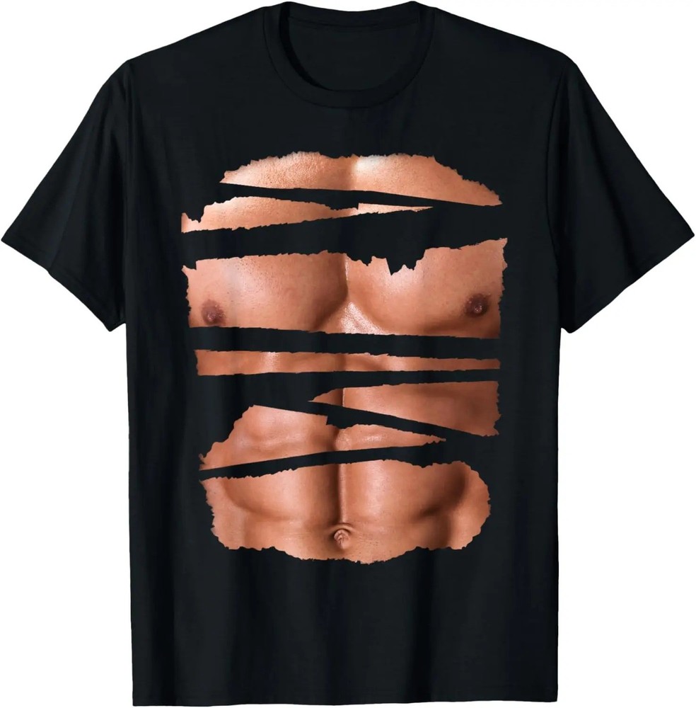 Funny Fake 6 Pack Abs T-Shirt Realistic Six Pack Muscles Graphic Tee Black S-3XL