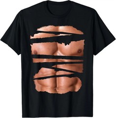 Funny Fake 6 Pack Abs T-Shirt Realistic Six Pack Muscles Graphic Tee Black S-3XL