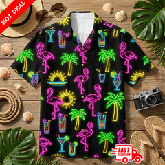 Mens Neon Flamingo Hawaiian Shirt Black Palm Tree Aloha Button Down Party Beach