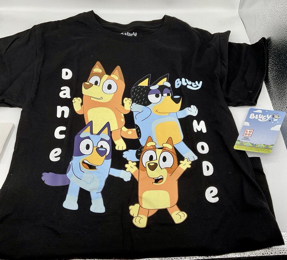 Bluey “Dance Mode” T-Shirt Unisex Adult Black with Bandit, Chili, Bluey + Bingo