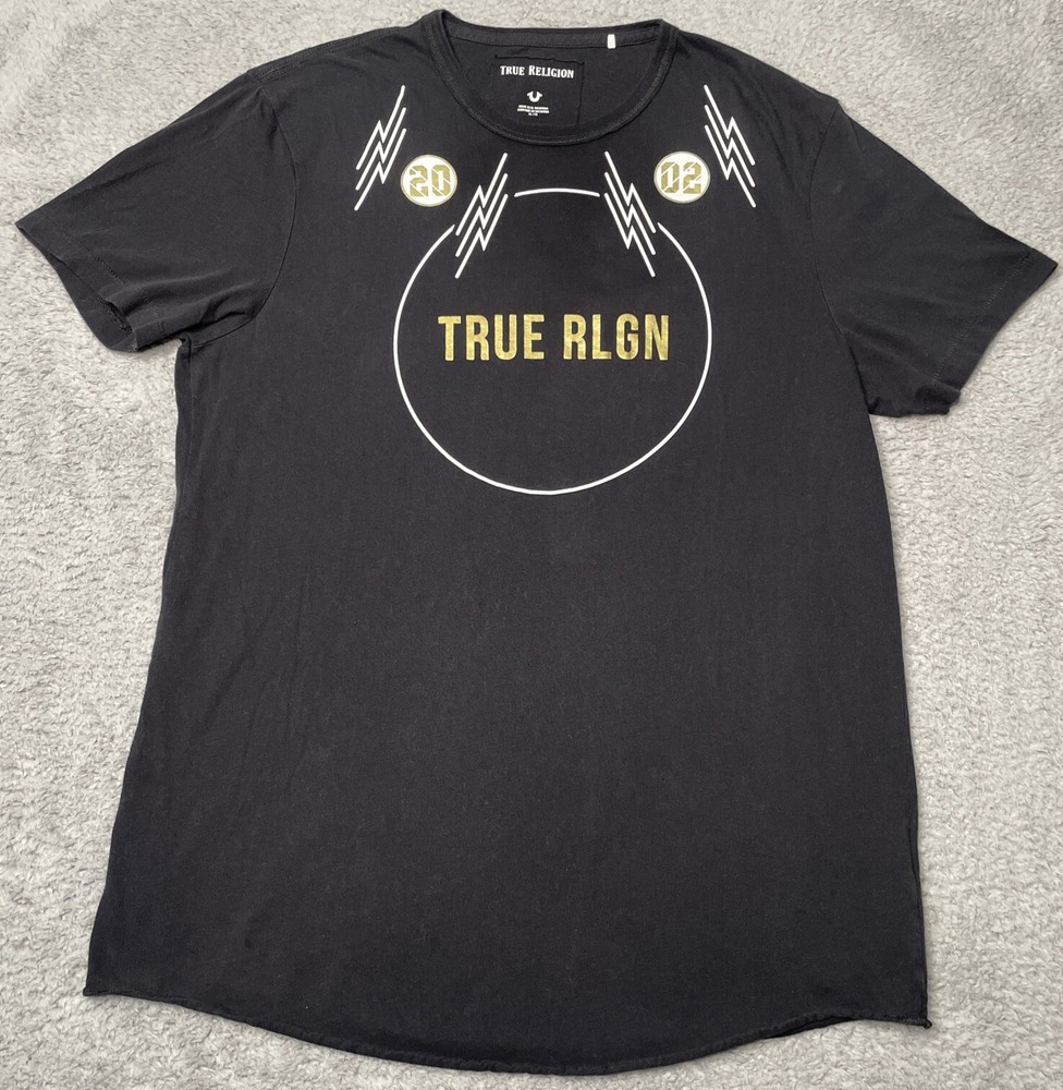 True Religion Men’s Mixed Media Gold Foil Graphic Tee T-Shirt in Black Size XL