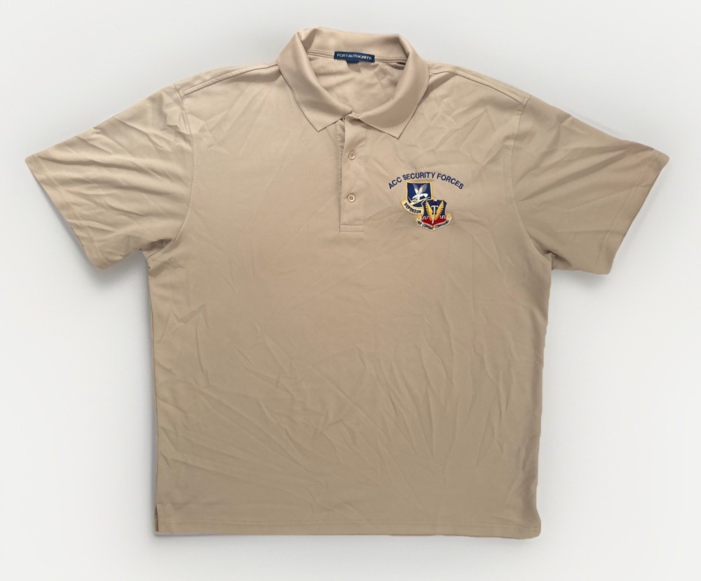 Vintage USAF ACC Security Forces Dual-Shield Polo Style T Shirt Brown XL RN90836