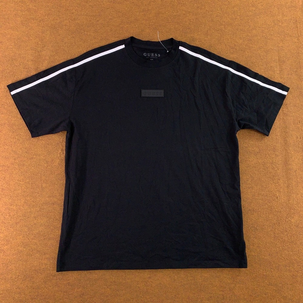 Guess Mens Medium Black Stripe Shoulder Logo Patch Short Sleeve T-Shirt New