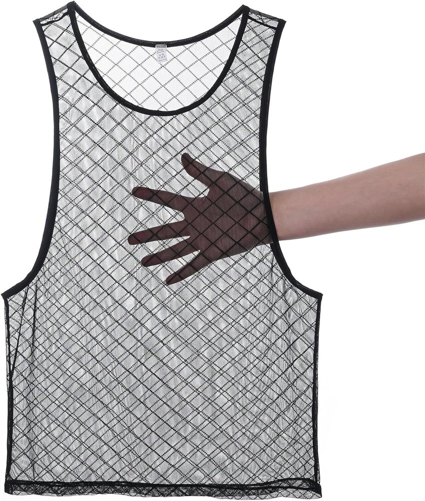 Zonbailon Mens Tank Round Neck Micro Fishnet Sleeveless See Through Undershirt
