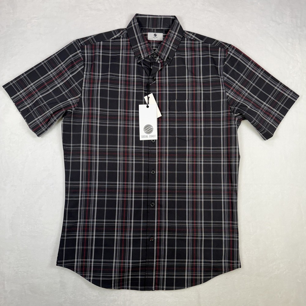 Social Coast Men’s Short Sleeve Button-Down Shirt Size S Black Red White Plaid
