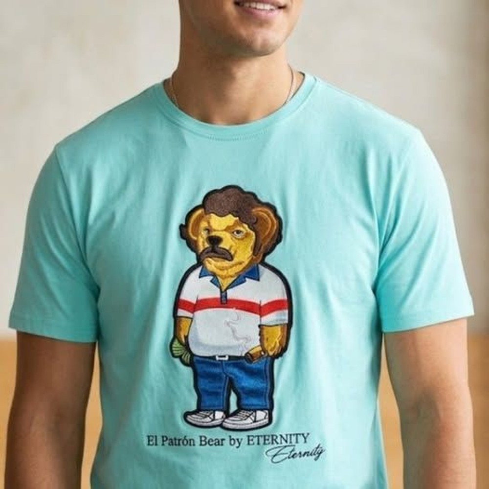 ​Eternity BC/AD El Patron Bear T-Shirt Medium Aqua Blue Embroidered Escobar…