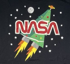 NASA Adult LARGE Black S/S Christmas Tree Rocket Graphic T-SHIRT Cotton EUC