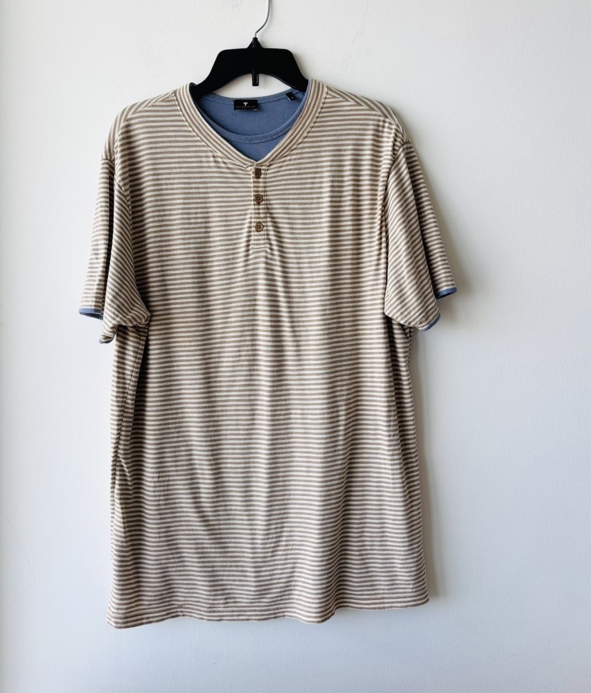 𝅺Left Coast Tee Henley Shirt Stripe Short Sleeve Cotton Reversible Mens Medium