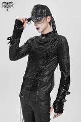 Devil Fashion Men Black Gothic Punk Mesh Spliced Lace-Up T-Shirt Slim Fit Tops