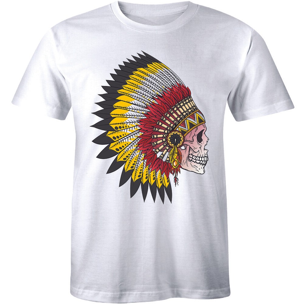 Retro Vintage Native American Indian Feather Chief Headdress Human Skull Men Tee