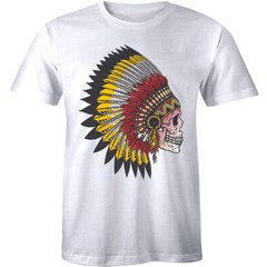 Retro Vintage Native American Indian Feather Chief Headdress Human Skull Men Tee