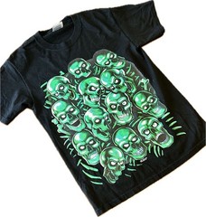 Vintage Liquid Blue Glow In Dark Skull Pile T-Shirt on Port & Co Blank 2007
