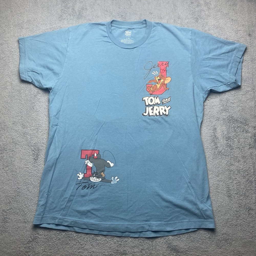 Tom and Jerry Mens Blue T Shirt Size L Cartoon Cat and Mouse