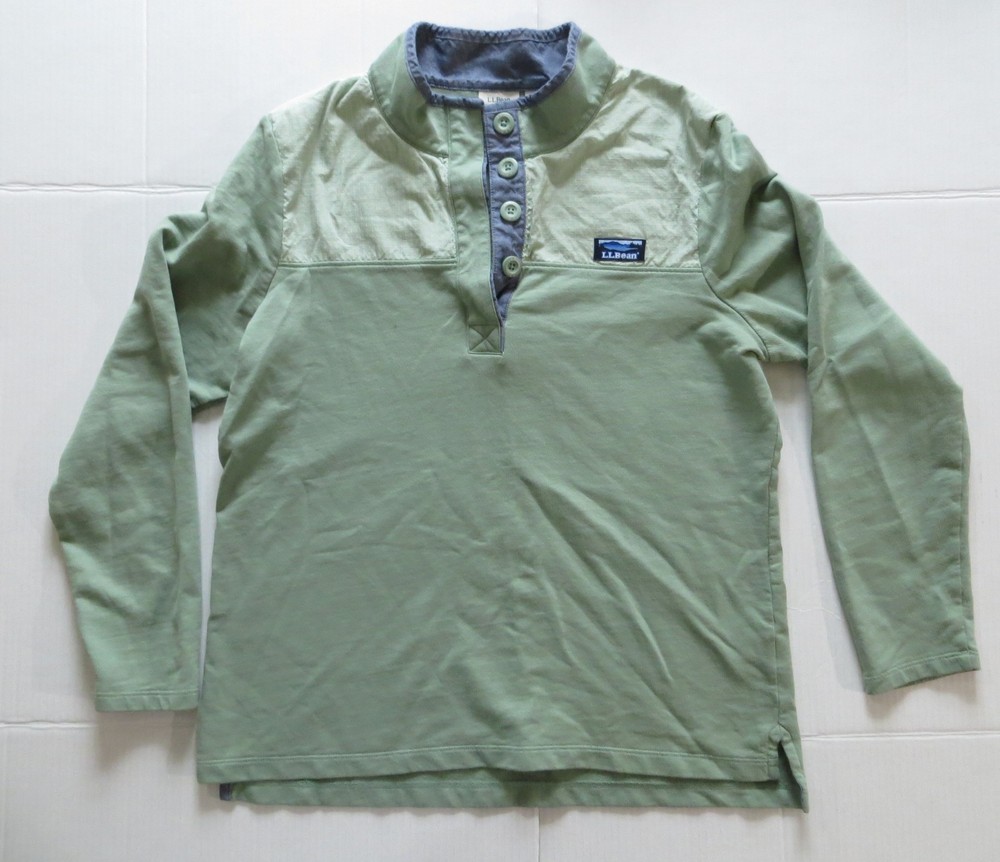 LL Bean Pullover Mens Large Green Henley Shirt Contrast Button Collar Outdoors