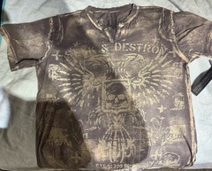 AFFLICTION men Gray Henley Graphic Skull Wing Print T-Shirt Short Sleeve Size L