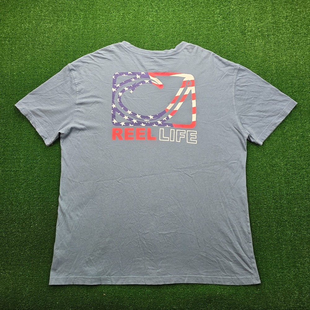 Reel Life Tshirt Mens 2XL Blue Short Sleeve Fishing Hook USA Flag Casual Outdoor