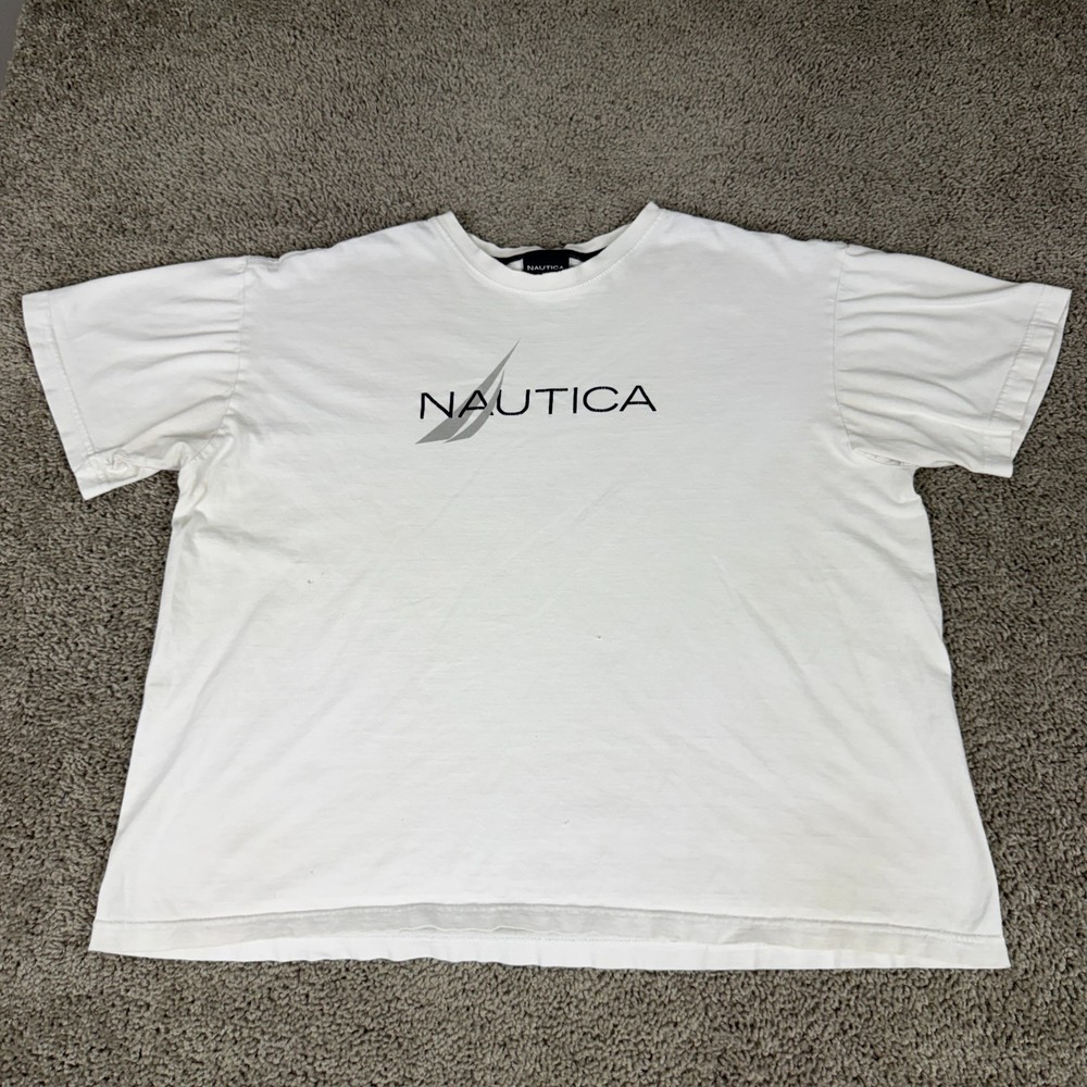 Nautica Shirt Mens Large White Blue Spell Out Logo Short Sleeve Cotton READ