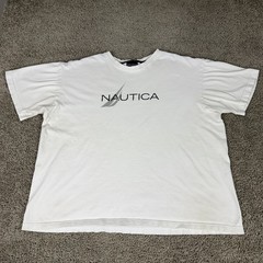 Nautica Shirt Mens Large White Blue Spell Out Logo Short Sleeve Cotton READ