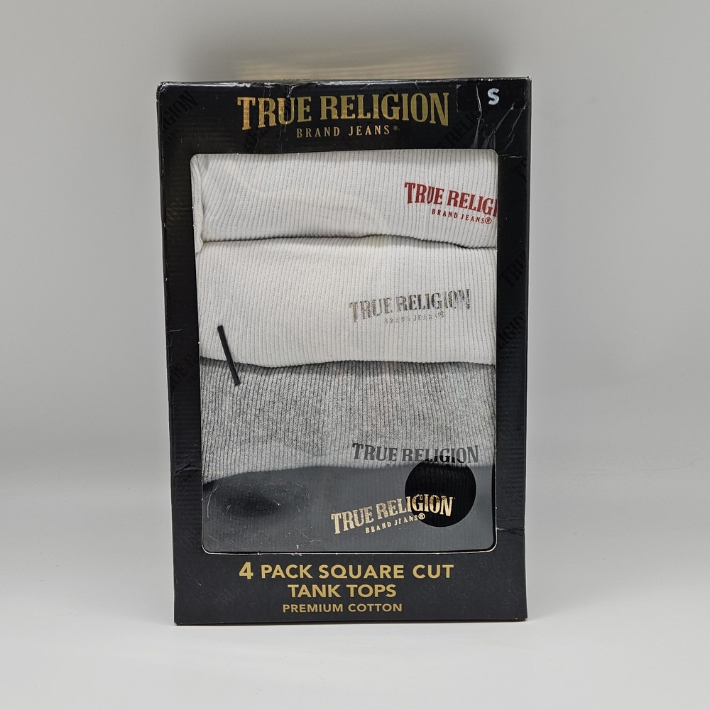 4 Pack TRUE RELIGION Men’s S M L Cotton Square Cut Tank Tops White Black Gray