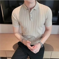 Plain Striped Black Male Polo Shirts Skinny Short Quarter Sleeve Casual Party Ch