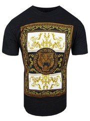 Italian T-Shirt Men Baroque Florals Shiny Stones Rhinestone Gold Tiger Crew Neck