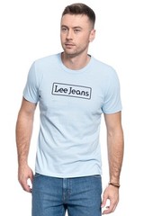 Lee Jeans Logo Print T-Shirt Men Medium Cotton Regular Fit Short Sleeve Sky Blue