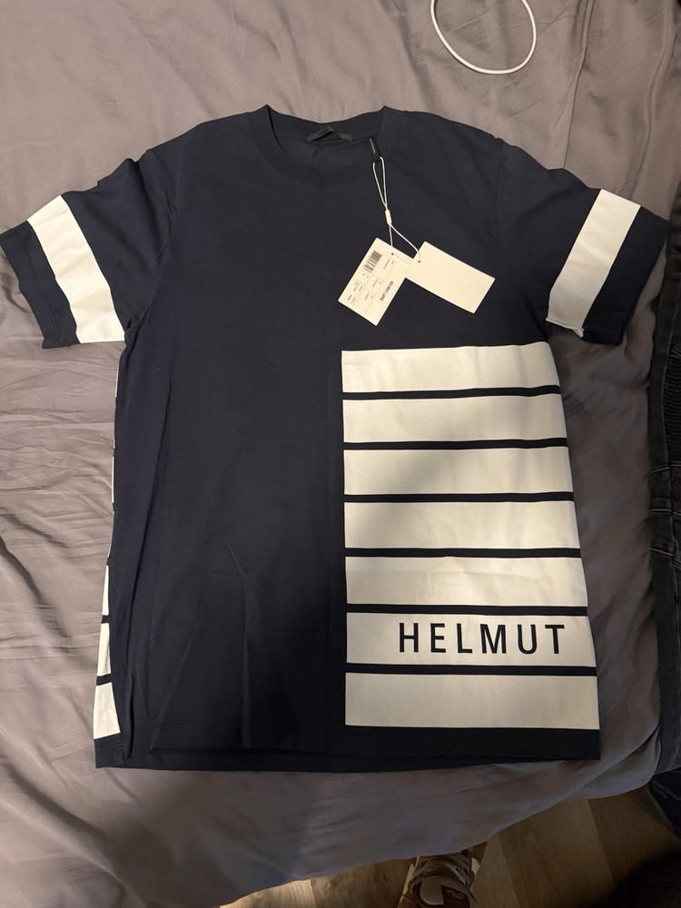 HELMUT LANG Logo Stripe Tee XS Navy Graphic Shirt Patrol Navy NWT $150
