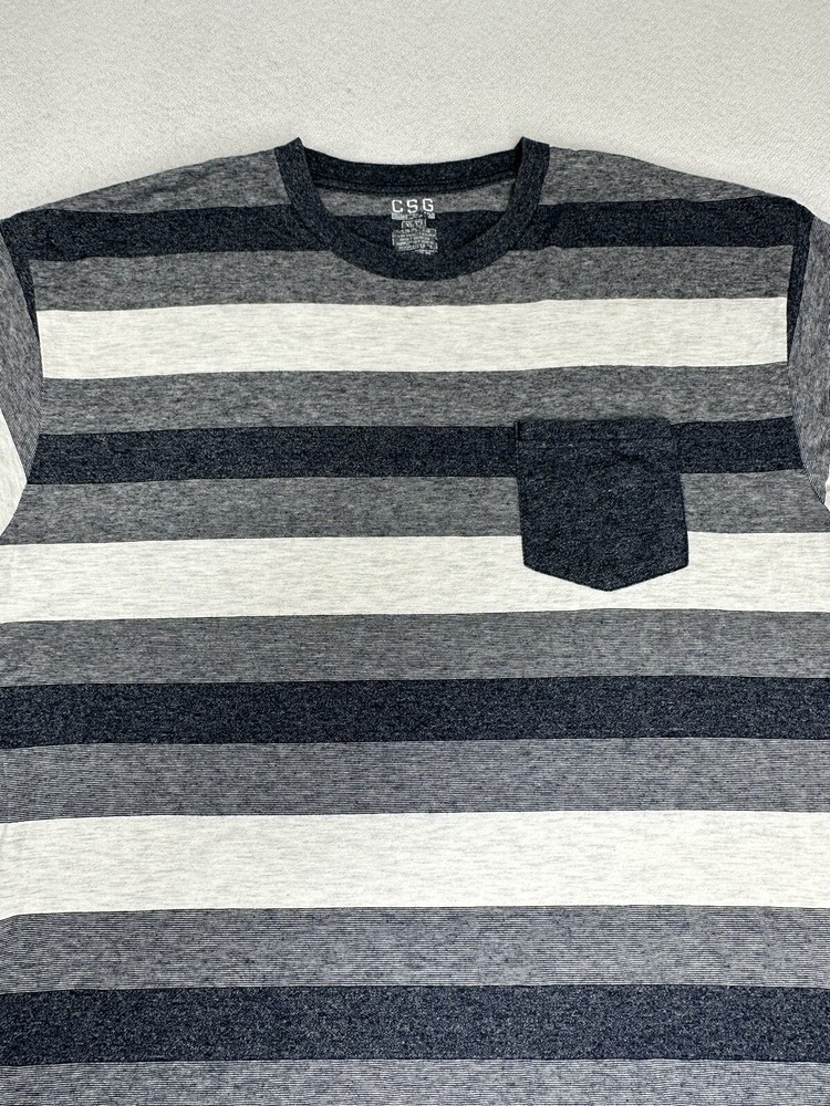 CSG Mens T-Shirt Black-Gray Striped Crew Neck Pocket Short Sleeve Size XL