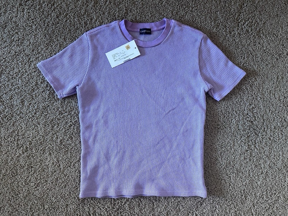Size L – Callipygian Waffle Knit Baby Tee Lavender Made in USA Tight Fit New