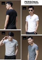 Men T Shirt Black Cotton Short Sleeve V Collar Slim Fit Comfortable Streetwear