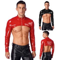 US Mens Shrug Stand Collar Clubwear Long Sleeve Crop Top Patent Leather Slim Top