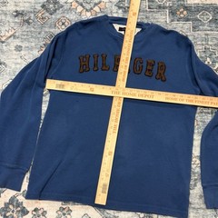 Tommy Hilfiger Vintage Style Blue Waffle Knit Long Sleeve Shirt with Brown Spell