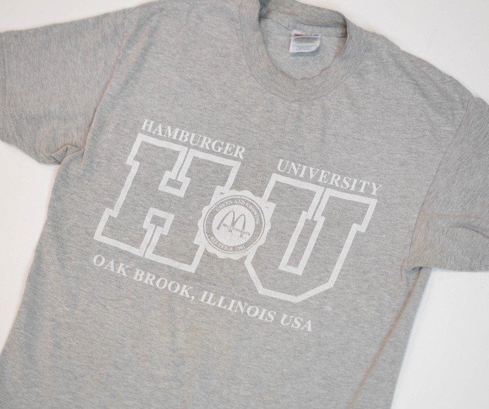 Vintage McDonald’s Hamburger University T-Shirt Size L Gray 90s NCAA College