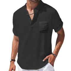 Summer New Men’s Cotton and Linen Shirts Short-Sleeved T-shirt Henry Collar Casu