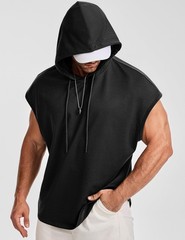Men’s Oversized Short Sleeve Drawstring Hooded Tank Tops T-Shirts – Casual Su…