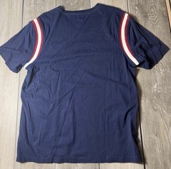 Tommy Hilfiger V-Neck T-Shirt Men’s XL Navy Blue Stripe Sleeve Crest Logo Casual