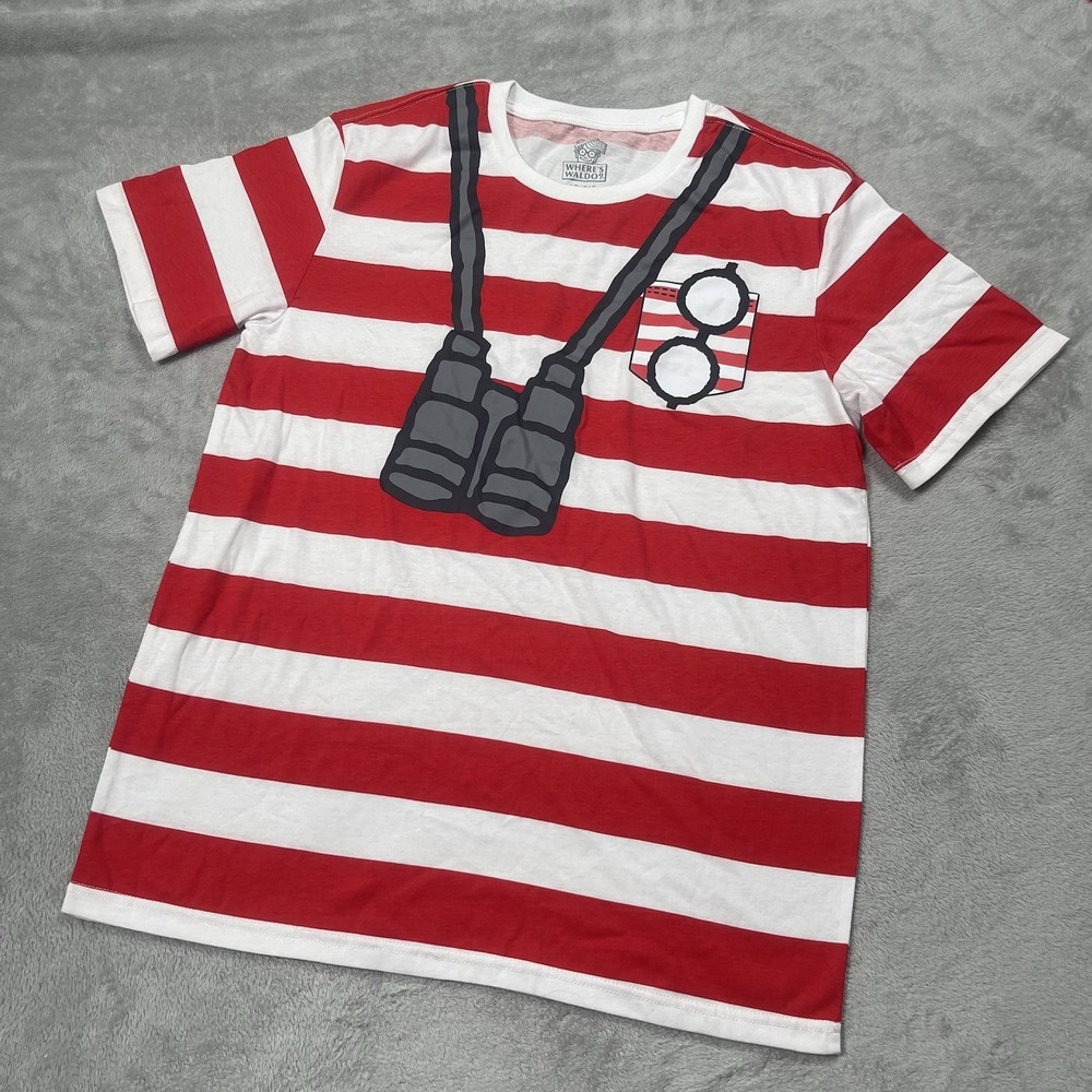 Official Where’s Waldo Tee Mens L Costume Striped Red White S/S Cosplay