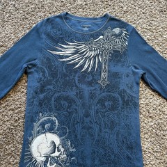 Vintage No Boundaries Thermal Shirt Size L Blue Y2K Skull Cross Wings Cyber Punk