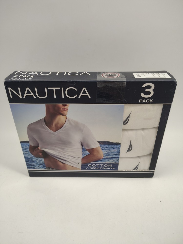 Nautica Mens Size S 34-36 3-Pack Cotton Blend V-Neck T-Shirts White Undershirts