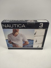 Nautica Mens Size S 34-36 3-Pack Cotton Blend V-Neck T-Shirts White Undershirts