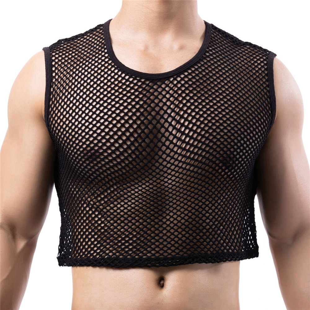 Men Mesh Mini Vest Crop Tops Sexy Muscle Sports Gym Transparent Fishnet T-Shirts