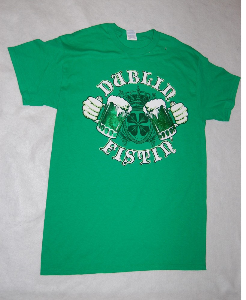 MENS T SHIRT Green Irish BEER MUGS Dublin Fistin M 38-40 St Patrick’s Day