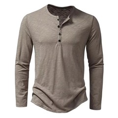 Men’s Shirt Cotton Henley Neck T-Shirts Long Sleeve Casual Button Plain 25% OFF