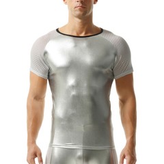 Men Elastic Oil Shiny Faux Leather Tops Fitness Short Sleeve T-shirts Stage Tees