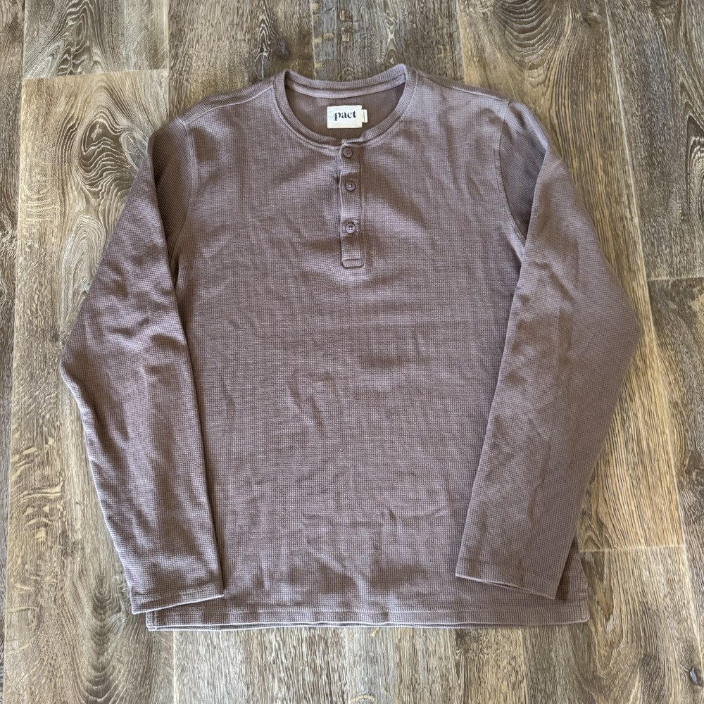 Pact Henley Shirt Mens Large Brown Waffle Thermal Organic Cotton Long Sleeve