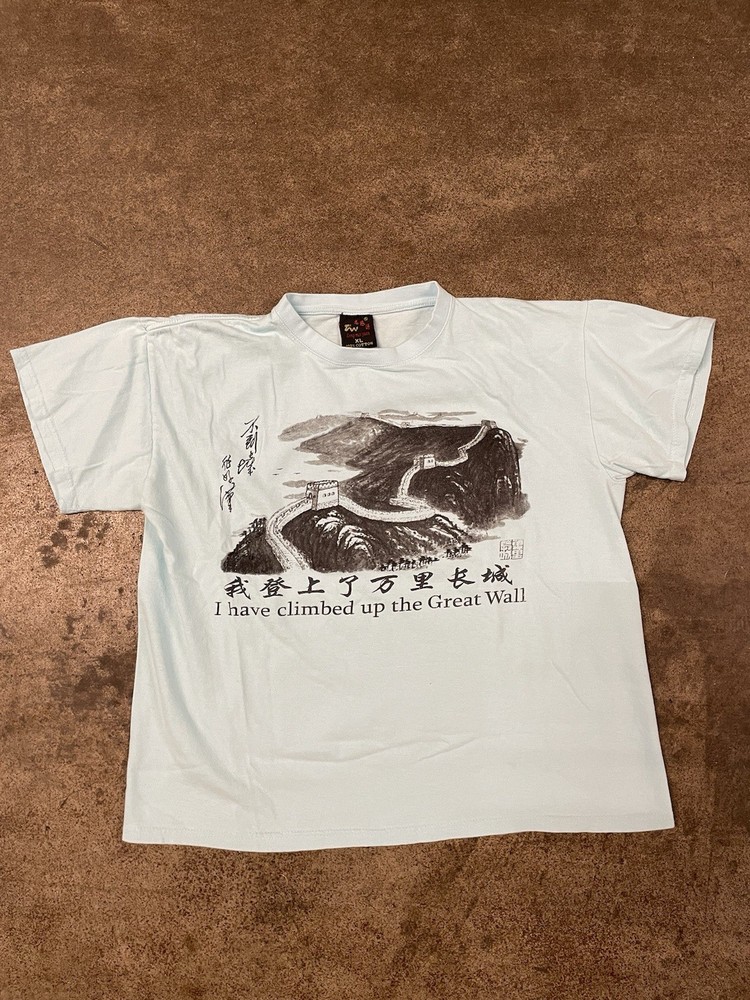 Vintage Climbed The Great Wall Faded Shirt XL China Surf Skate Grunge Baby Blue