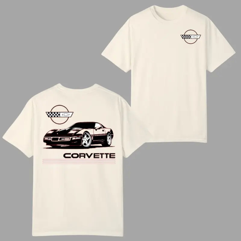 Corvette C4 Classic T-shirt, Retro Sports Car Graphic 2 Sides, Cream Tee with Vi